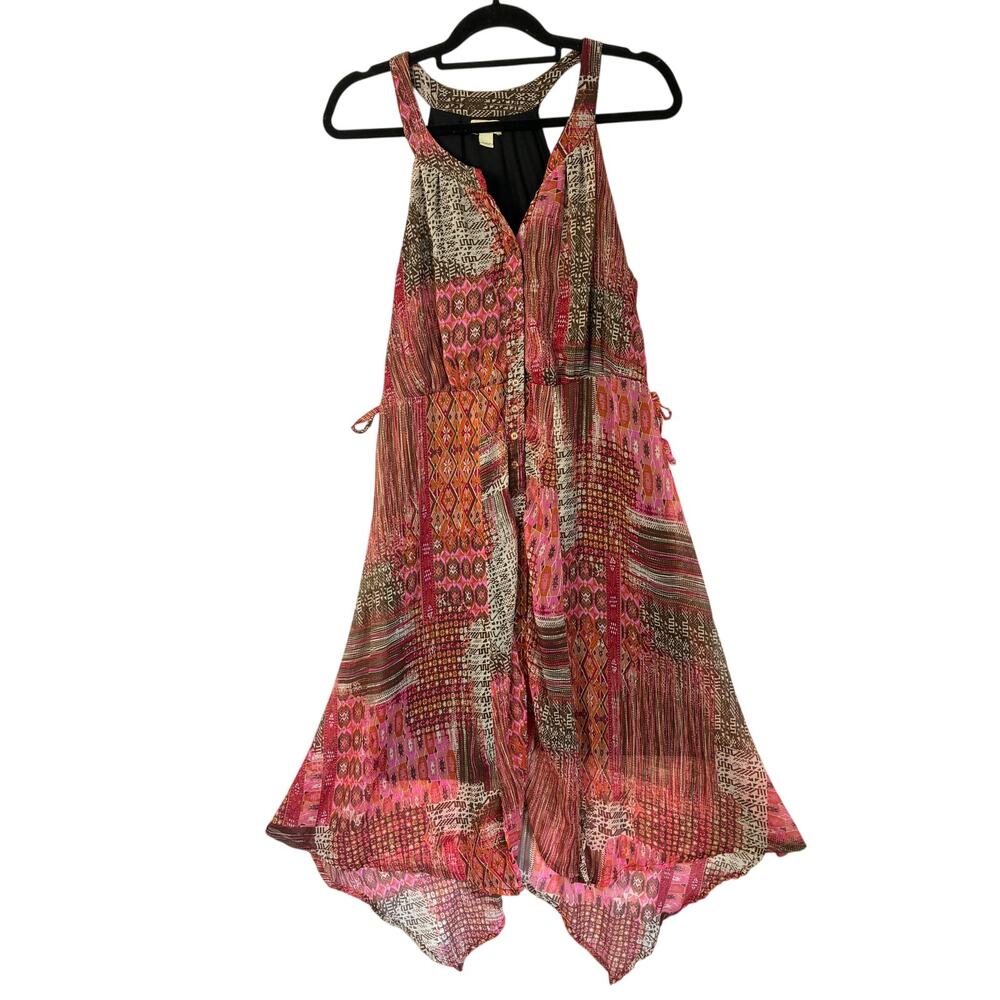 One World Midi Hankerchief Dress Womens XL Pink Brown Halter Boho Patchwork Y2K